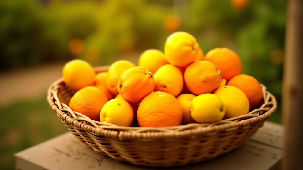 Laranjas e limões do Algarve empilhados num cesto de vime tradicional