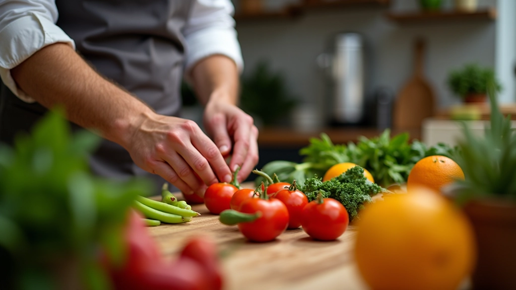 Chef a trabalhar com ingredientes frescos de mercado local português em cozinha profissional, preparando alimentos sazonais, iluminação natural clara