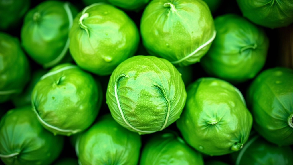 Couves frescas com folhas verdes brilhantes, vista do topo, com gotas de água, mercado local
