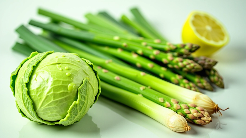 Diferentes vegetais de primavera dispostos em composição artística, couves verdes, espargos, alhos-franceses com gotas de água, fundo neutro