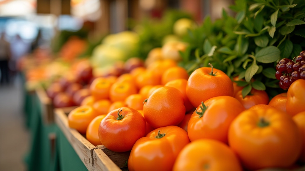Vegetais frescos de primavera dispostos num mercado local português com cores vibrantes