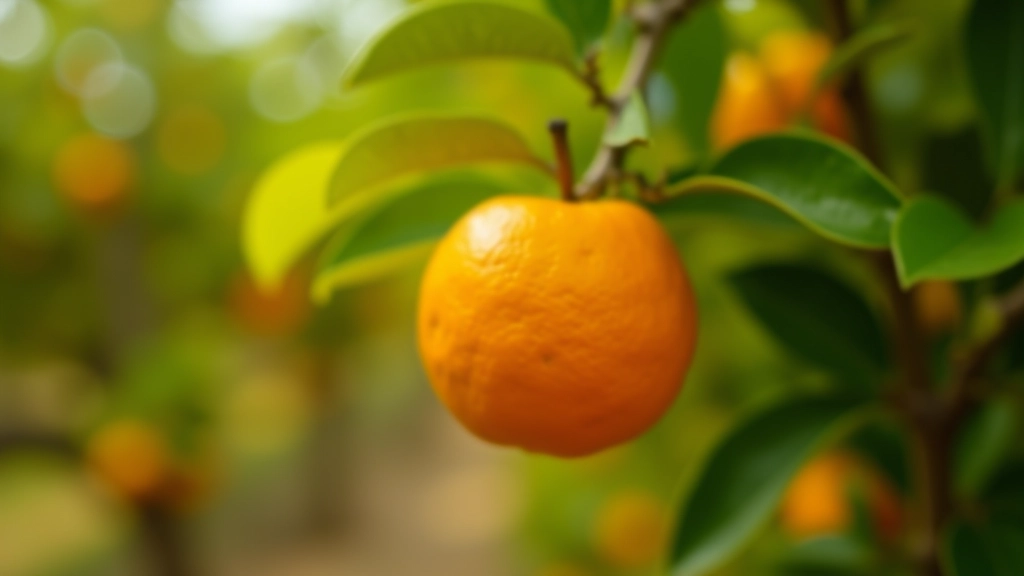 Mão a selecionar uma laranja madura diretamente de uma árvore num pomar algarvio tradicional