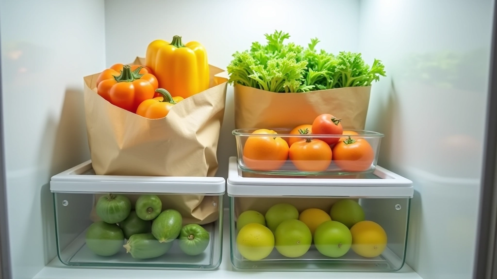 Frigorífico organizado com diferentes compartimentos contendo vegetais frescos em sacos de papel e vidro, gaveta de humidade com vegetais verdes, organização clara