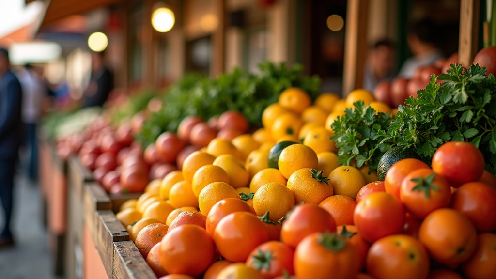 Mercado de produtores locais portugueses com frutas e vegetais frescos, iluminação natural de manhã, atmosfera de comercialização local