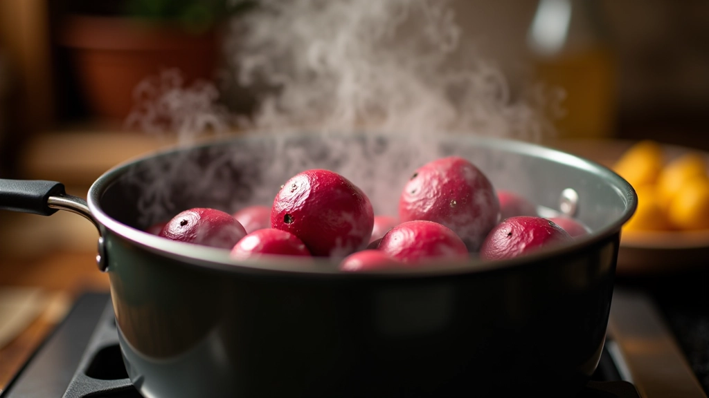 Beterraba cozida em panela de água quente com vapor saindo, cozinha tradicional portuguesa