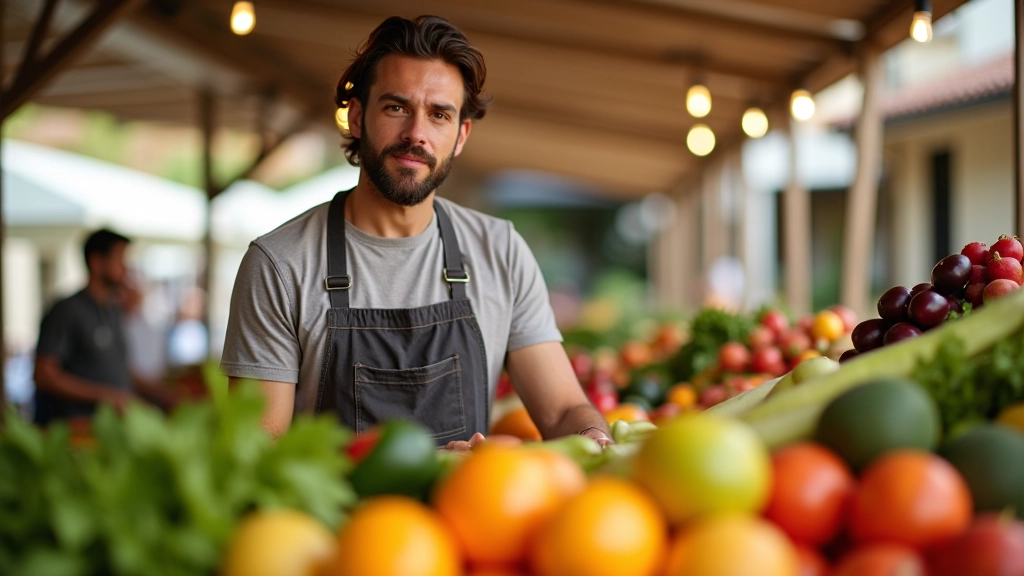 Especialista em produtos regionais selecionando ingredientes frescos num mercado tradicional português