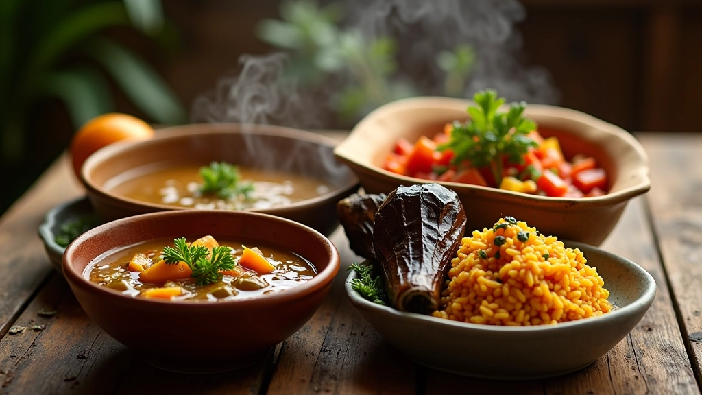 Três pratos portugueses tradicionais dispostos numa mesa rústica, caldo verde fumegante, beringela assada, arroz colorido, ingredientes frescos visíveis ao lado
