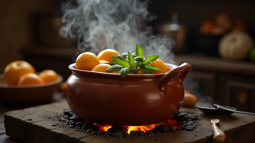 Panela de barro tradicional portuguesa sobre fogão a lenha com vegetais frescos sendo cozinhados lentamente, vapor a subir, ambiente rústico