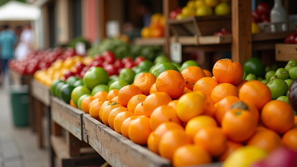 Mercado tradicional português com diversos produtos regionais frescos expostos em bancadas de madeira, cores vibrantes, iluminação natural