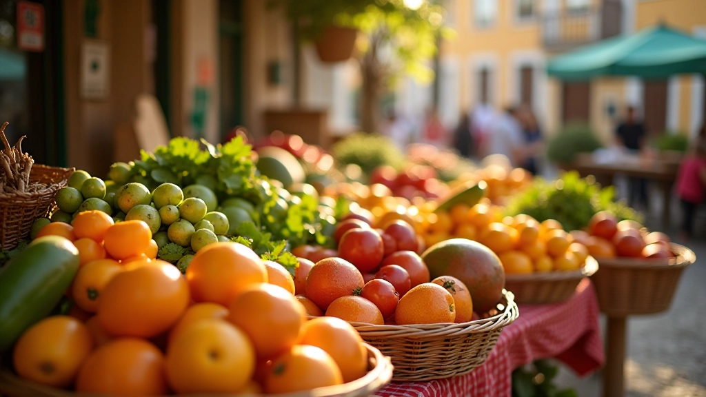 Mercado local português com produtos frescos sazonais coloridos e vibrantes