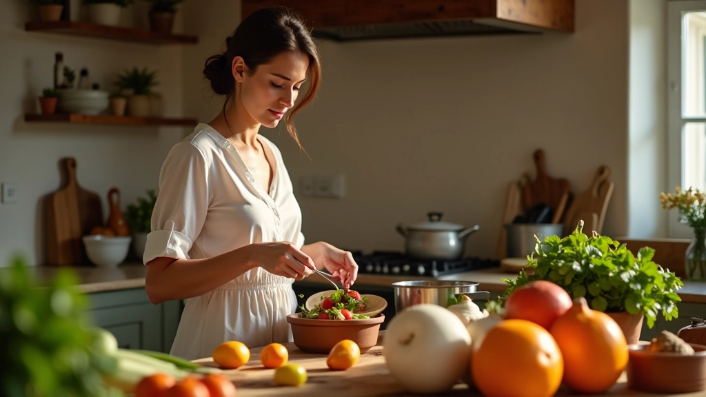 Mulher a preparar refeição com ingredientes regionais portugueses numa cozinha tradicional